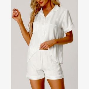 cheibear Women's Satin Button Down Short Sleeve and Shorts Pajama Set -white, L